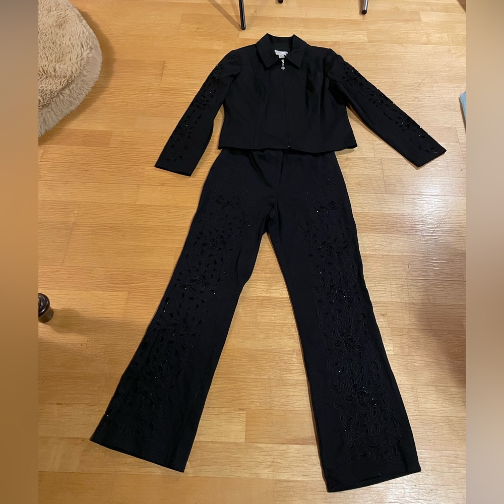 Joseph Ribkoff Black Embroidered NeadedPantsuit